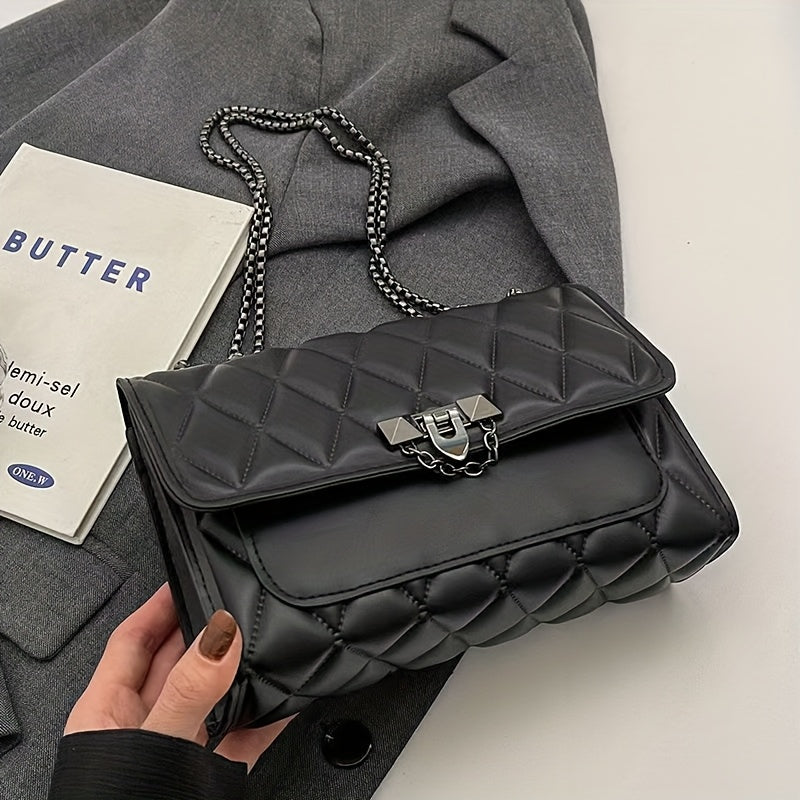 Կանացի սև վանդակավոր, խաչաձև պայուսակ, նորաձև, շղթայական ժապավենով ուսի պայուսակ, սառը սեղմված կարվածքով, բացվող կափարիչով, PVC-ով պատված սինթետիկ կաշվե ձեռքի պայուսակ, հարմար է կանանց համար - Քաղաքային ոճ