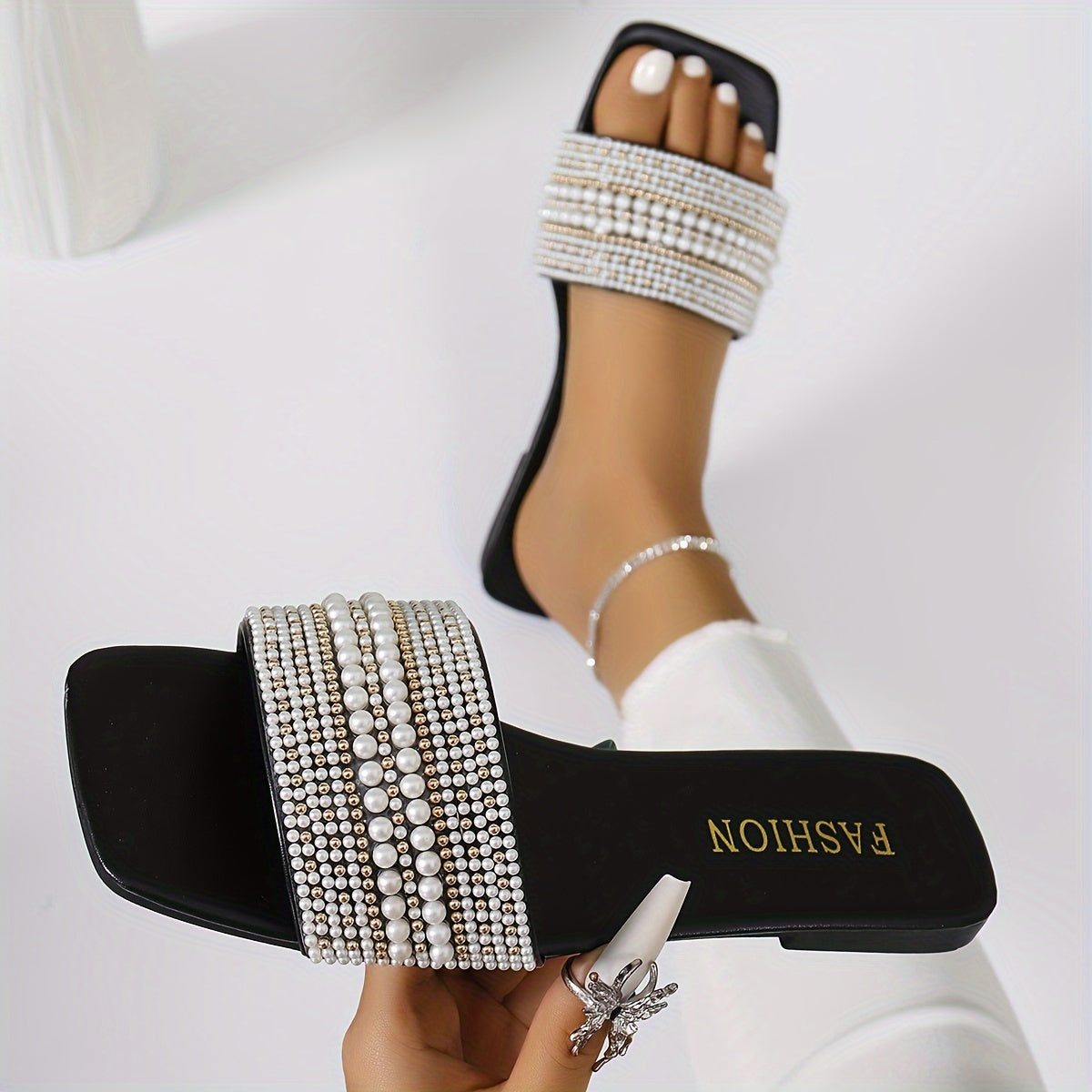 Elegant Women's Summer Flat Slide Sandals - Chic Square Toe with Pearl & Rhinestone Embellishments, Casual Slip-On Design, Faux Cover Upper & Rubber Sole, Ladies Sandals