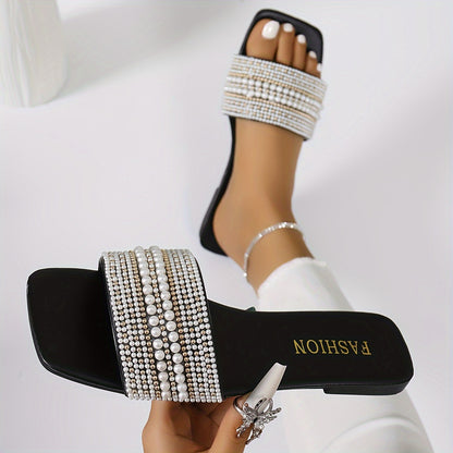 Elegant Women's Summer Flat Slide Sandals - Chic Square Toe with Pearl & Rhinestone Embellishments, Casual Slip-On Design, Faux Cover Upper & Rubber Sole, Ladies Sandals