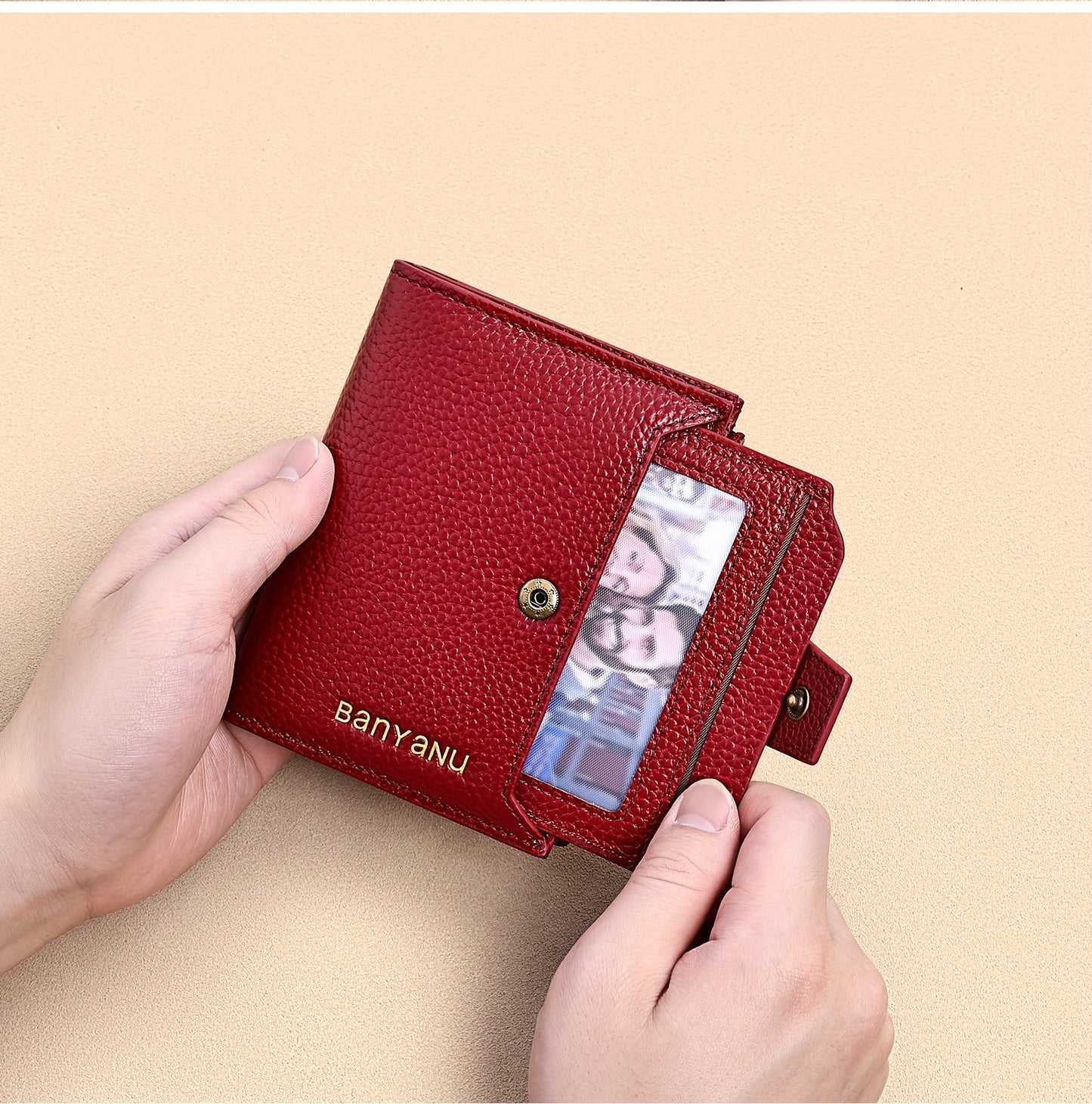 BANYANU Women'S Genuine Faux Leather Wallet - Red Lychee Grain Texture, Multi-Card Slots, Zippered Coin Pocket, Detachable ID Window, Compact Design for Everyday Use, Secure Coin Storage | Stylish Wallet | Synthetic