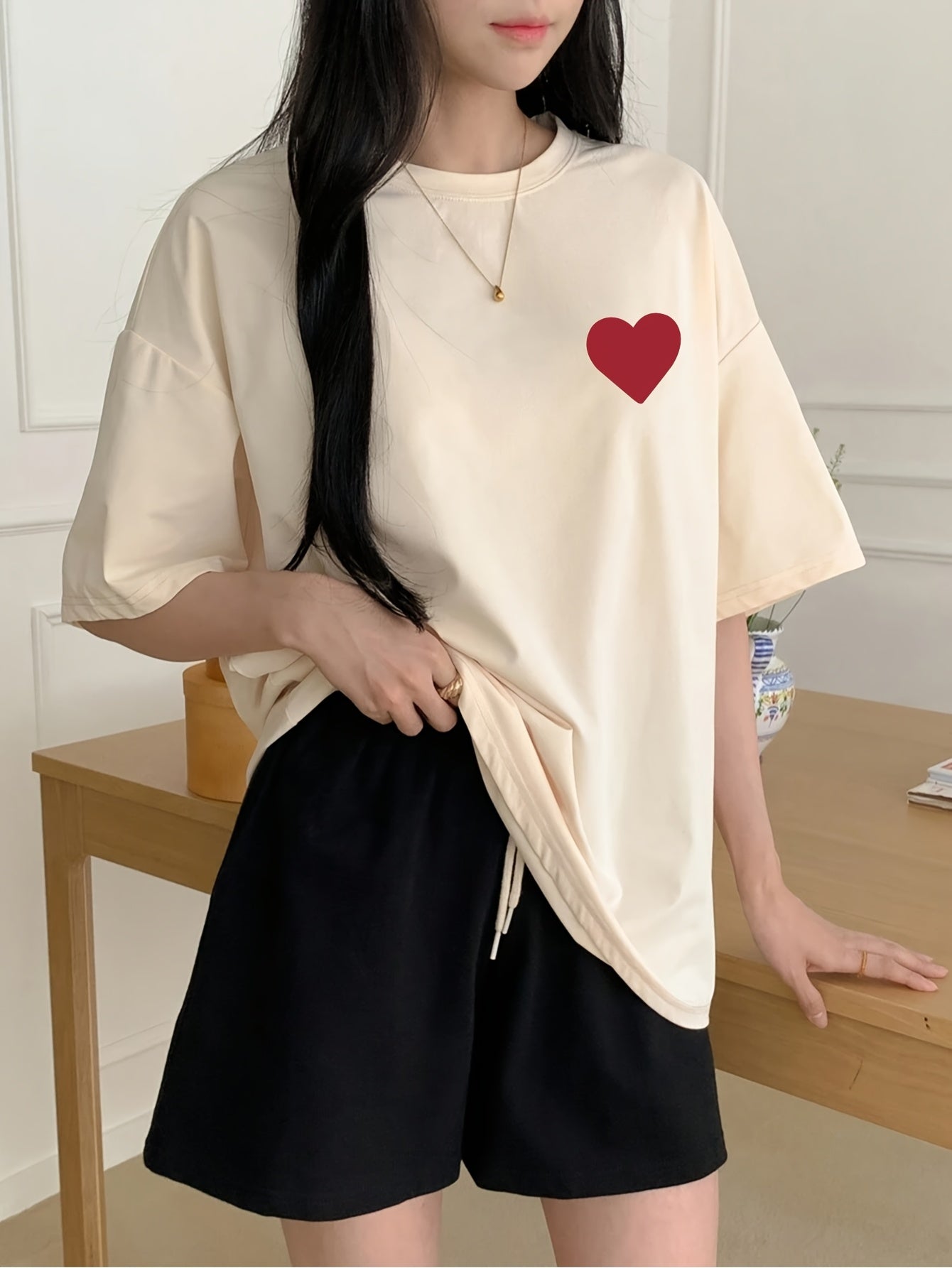 Women's Casual Cotton Love Pattern T-Shirt, Short Sleeve