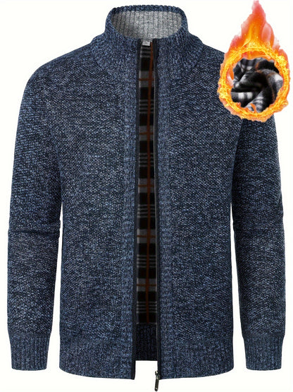 1pc Men'S Casual Style Knit Cardigan - 100% Polyester, Solid Color, Long Sleeve, Regular Fit, Stand Collar, Zip-Up, Umbrella Hem, Non-Stretch Fabric - Fashionable All-Match Pullover for Autumn/Winter