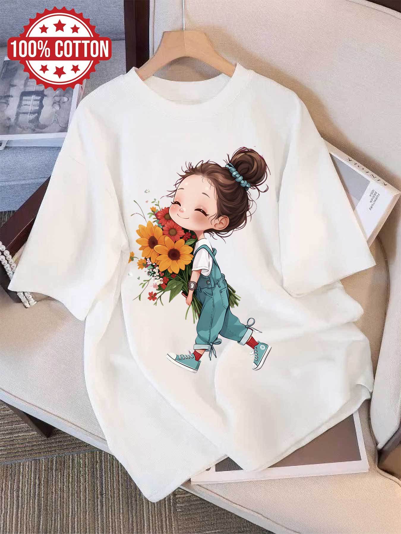 Women's Casual Cotton Graphic Print T-Shirt, Crew Neck