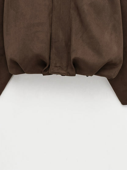 Կանացի վինտաժային բոմբեր բաճկոն - ազատ չափի երկար թևքով, կայծակաճարմանդով և իջեցված ուսերով, շագանակագույն առօրյա վերնազգեստ աշուն/ձմեռ համար, չձգվող գործվածք, իդեալական է առօրյա հագուստի համար, աշուն-ձմեռ բաճկոն | Վինտաժային բոմբեր ոճ | Zipp