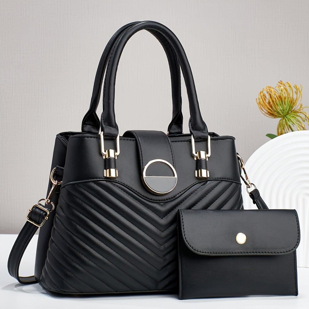 Elegant Large Capacity Black PU Tote Bag with Adjustable Strap