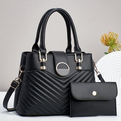 Elegant Large Capacity Black PU Tote Bag with Adjustable Strap