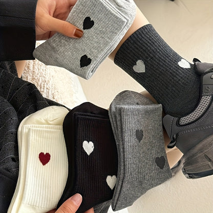 5 Pairs Cozy Women'S Knee-High Socks with Heart Pattern - Polyester and Spandex Blend, Knit Fabric, Machine Washable