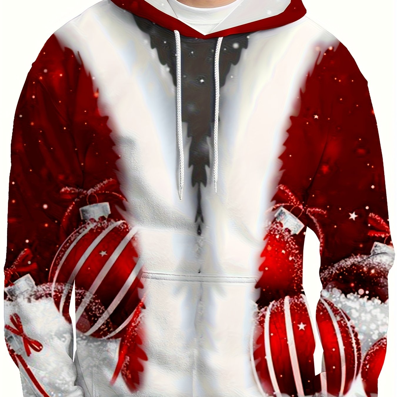 Plus Size Men's Funny Christmas Hoodie- Festive Santa Claus& Snowflake Print, Red& White Holiday Sweatshirt with Pockets, Casual Long Sleeve Pullover for Fall& Winter, Perfect Christmas Gift, Christmas Clothes, PLUS SIZE