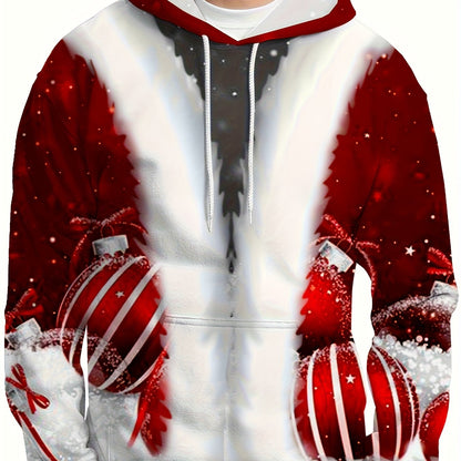 Plus Size Men's Funny Christmas Hoodie- Festive Santa Claus& Snowflake Print, Red& White Holiday Sweatshirt with Pockets, Casual Long Sleeve Pullover for Fall& Winter, Perfect Christmas Gift, Christmas Clothes, PLUS SIZE