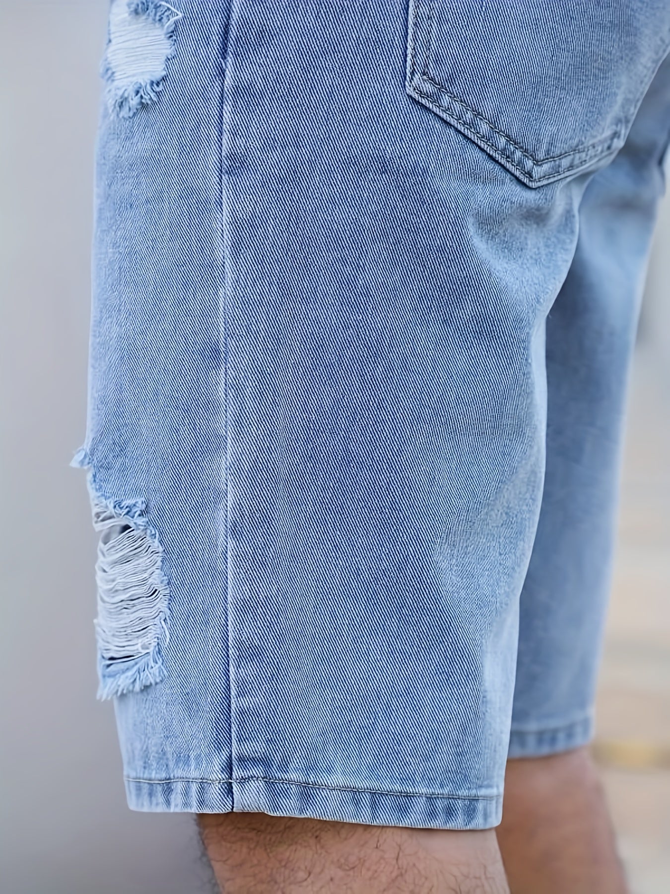 Men'S Casual Ripped Denim Shorts, 85% Cotton 15% Polyester Blend, Knee High, Non-Stretch, Solid Color, Loose Fit Skinny Contour, Woven Fabric, 375g/m² - Summer Fashion