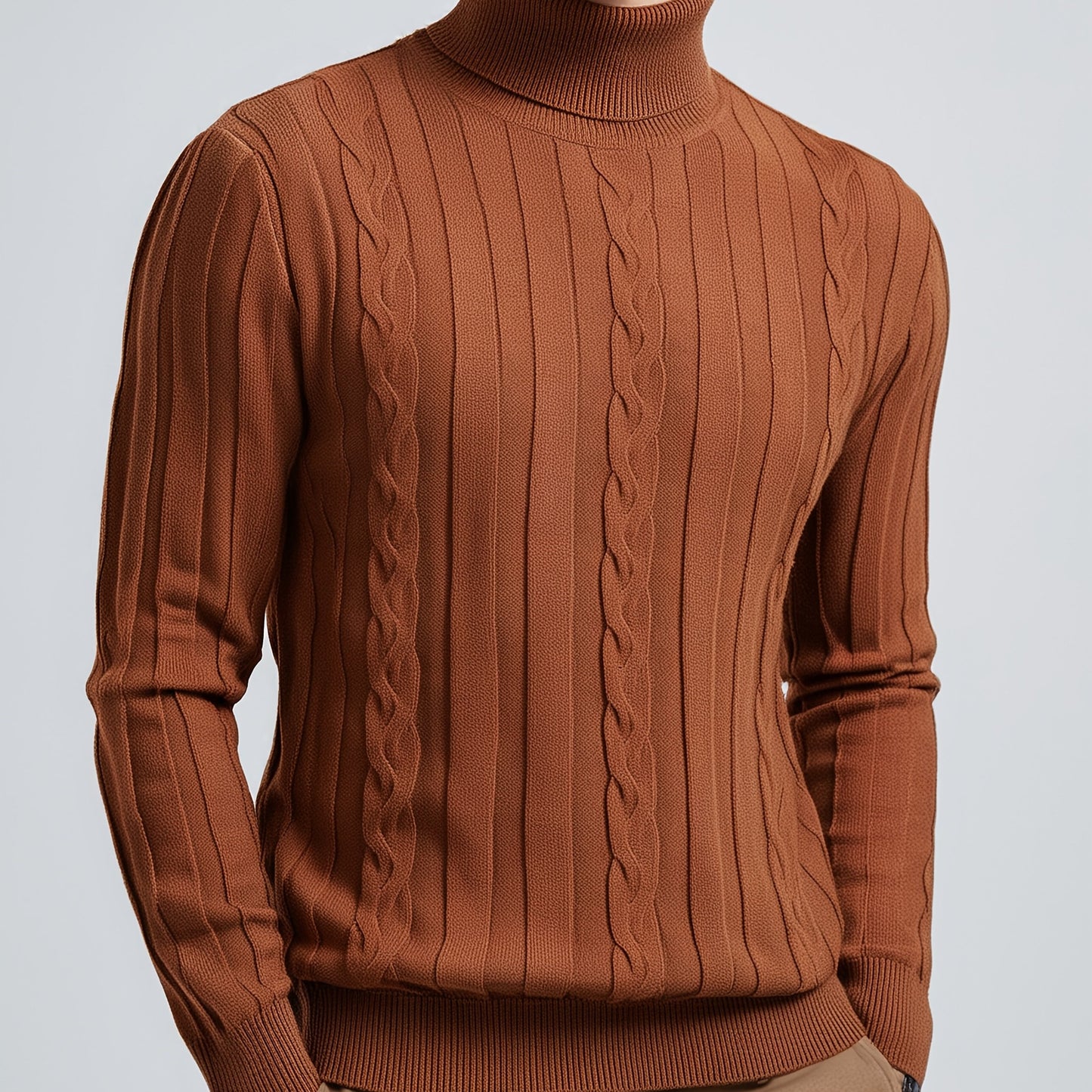 Men's Mature Slim-Fit High-Neck Long-Sleeve Sweater, Casual Ribbed Knit Pullover Solid Color Sweater, Men's Winter Clothing, Men's Sweater, Christmas Sweater, Men's Christmas Sweater, Winter Men's Apparel, New Year's Apparel,