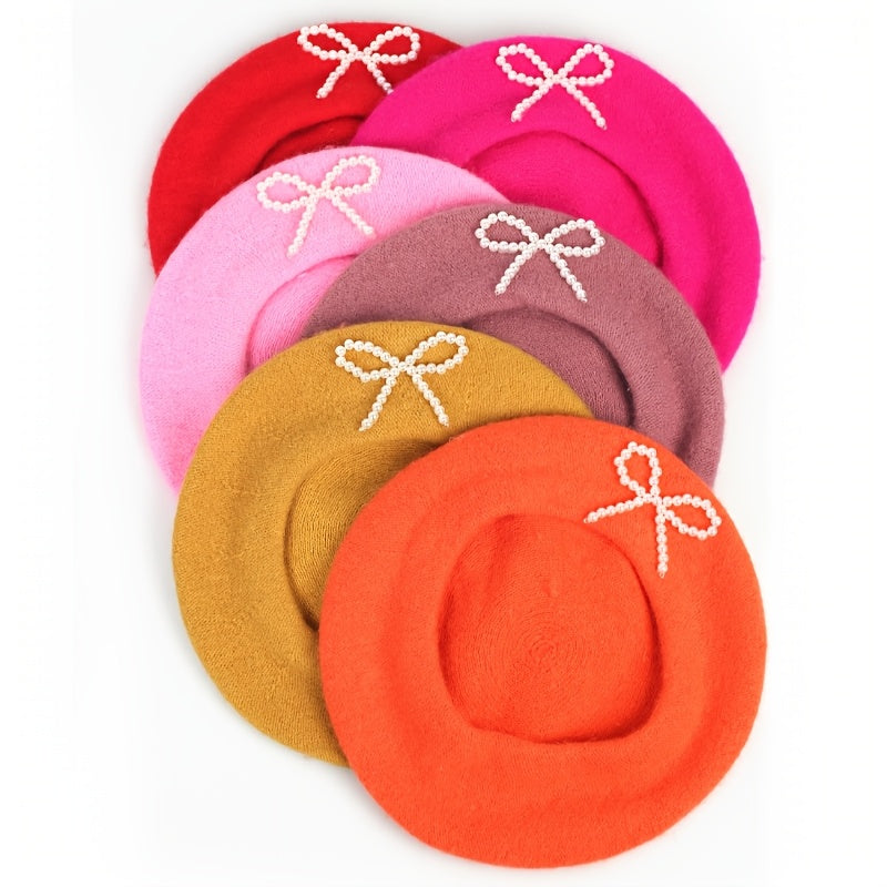 1pc Women's Wool Beret with Pearl Bow - Elegant, Breathable, and Stylish in Multiple Colors (Black, Brown, Gray, Beige, Purple, Pink) for Casual Attire