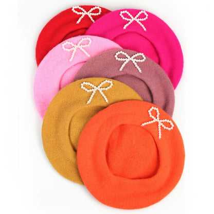 1pc Women's Wool Beret with Pearl Bow - Elegant, Breathable, and Stylish in Multiple Colors (Black, Brown, Gray, Beige, Purple, Pink) for Casual Attire