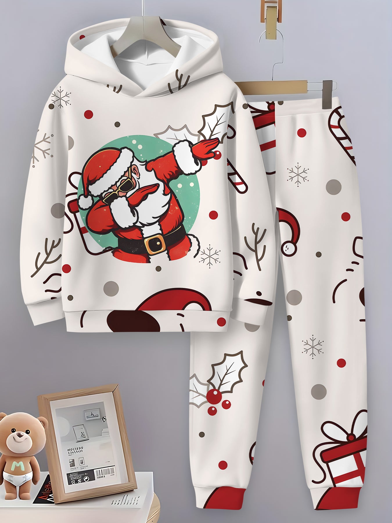 2pcs Boys' Hooded Sweatshirt Set with Santa Claus & Reindeer Print - Cozy Fall/Winter Casual Sportswear, Regular Fit, Ideal for Outdoor Activities & Holiday Gifts, Perfect for Outdoor, Clothes For Boys, Boy Tracksuit Set