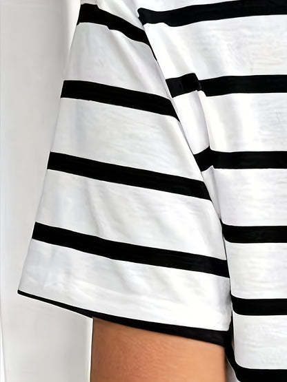 Y2K-Inspired Black & White Striped T-Shirt for Women - Casual Crew Neck, Short Sleeve Top, Perfect for Spring/Summer/Fall