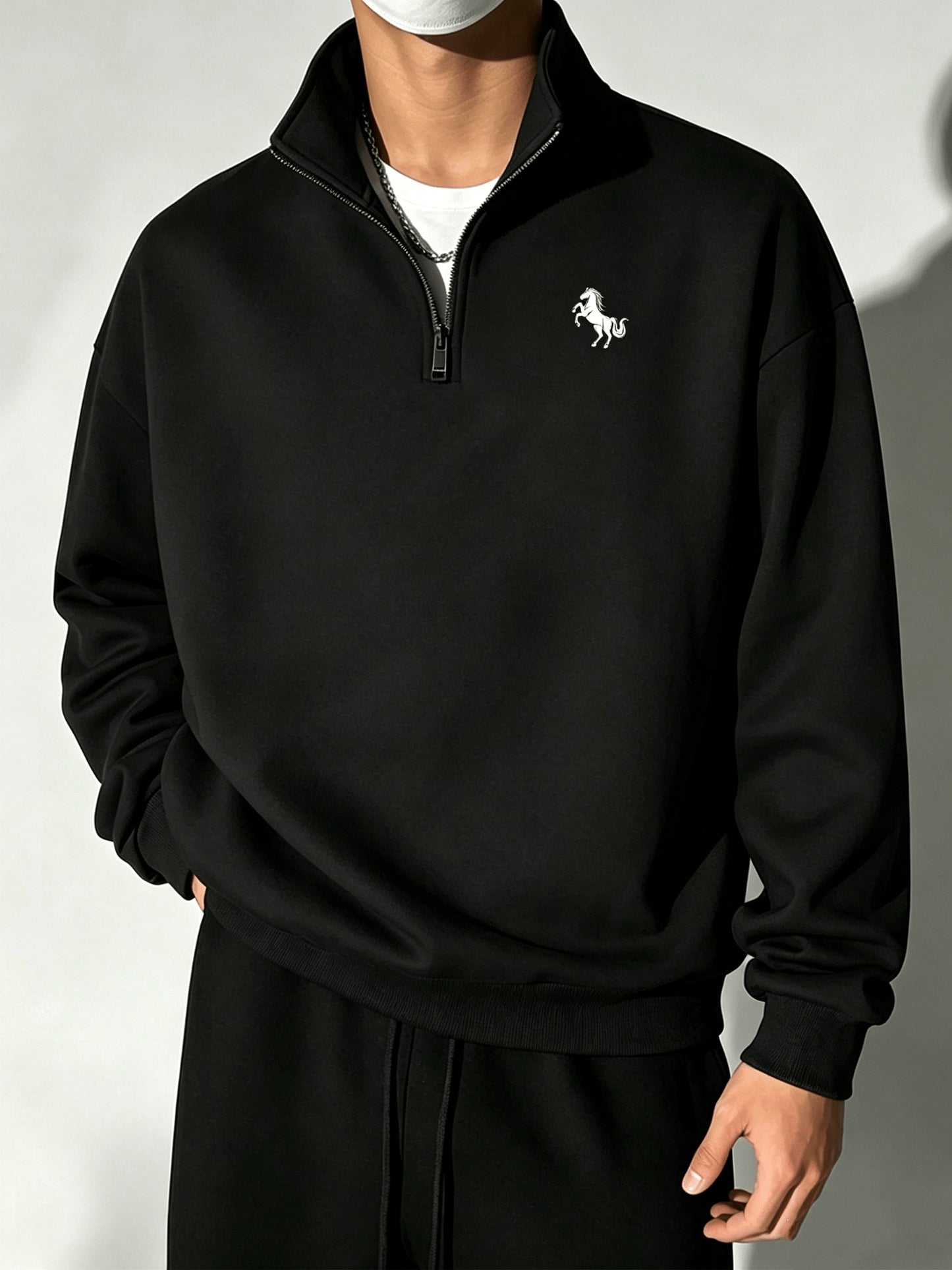 Men's Vintage Half-Zip Polyester Sweatshirt with Stand Collar
