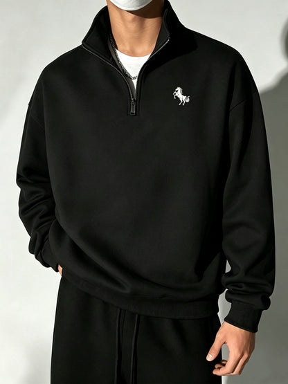 Men's Vintage Half-Zip Polyester Sweatshirt with Stand Collar