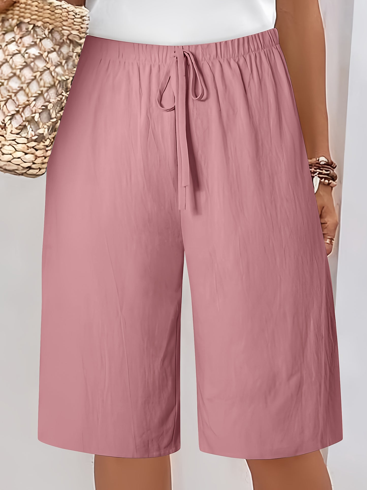 Women's Casual Solid Color Polyester Shorts with Faux Drawstring