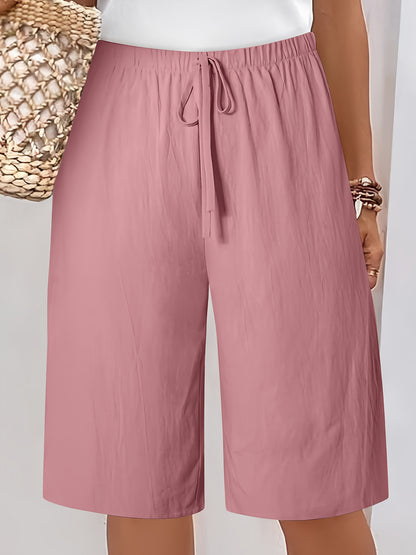 Women's Casual Solid Color Polyester Shorts with Faux Drawstring