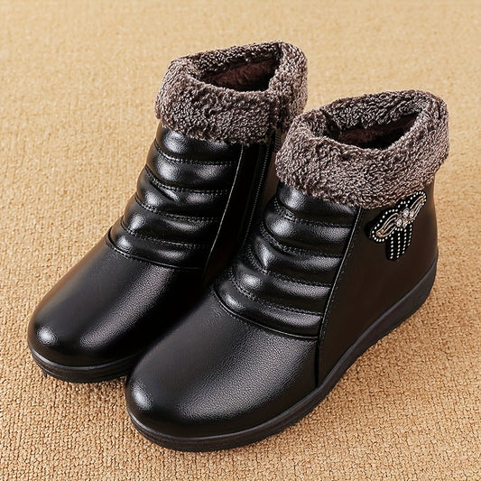 Women'S Comfortable And Warm Shoes for Autumn And Winter, Short Boots with Fleece Lining, Snow Boots, Leather Shoes, Glossy Black Platform Boot, Elegant Rain Boot For Woman, Warm And Comfortable Bootie For Working, Low Ankle