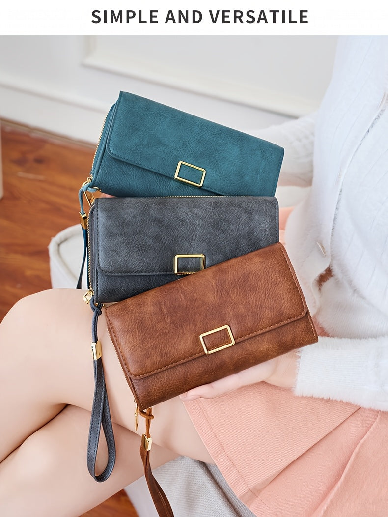 MIYIN Women's Vintage RFID Blocking Large Capacity Wallet with Wrist Strap - Tri-Fold  Handbag, Zipper Pocket & ID Slot, Multi-Card Holder (Credit/Debit) - Solid for Professional & Everyday Use