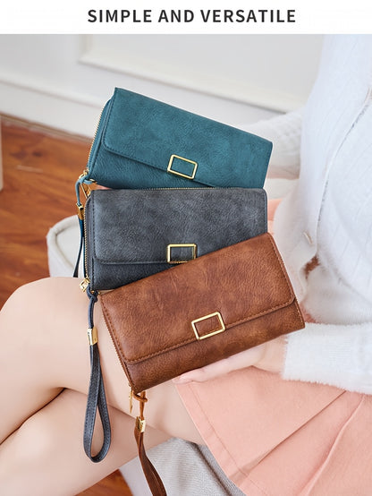 MIYIN Women's Vintage RFID Blocking Large Capacity Wallet with Wrist Strap - Tri-Fold  Handbag, Zipper Pocket & ID Slot, Multi-Card Holder (Credit/Debit) - Solid for Professional & Everyday Use