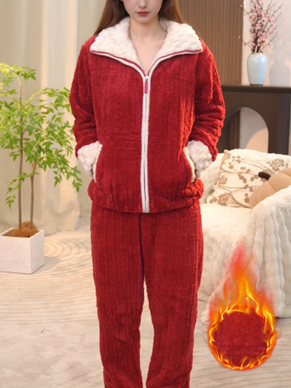 Ձմեռային կանացի հաստ, տաք երկար թևքերով տաբատների հավաքածու, կայծակաճարմանդով կարդիգան՝ գրպաններով և հարմարավետ, առօրյա տաբատ