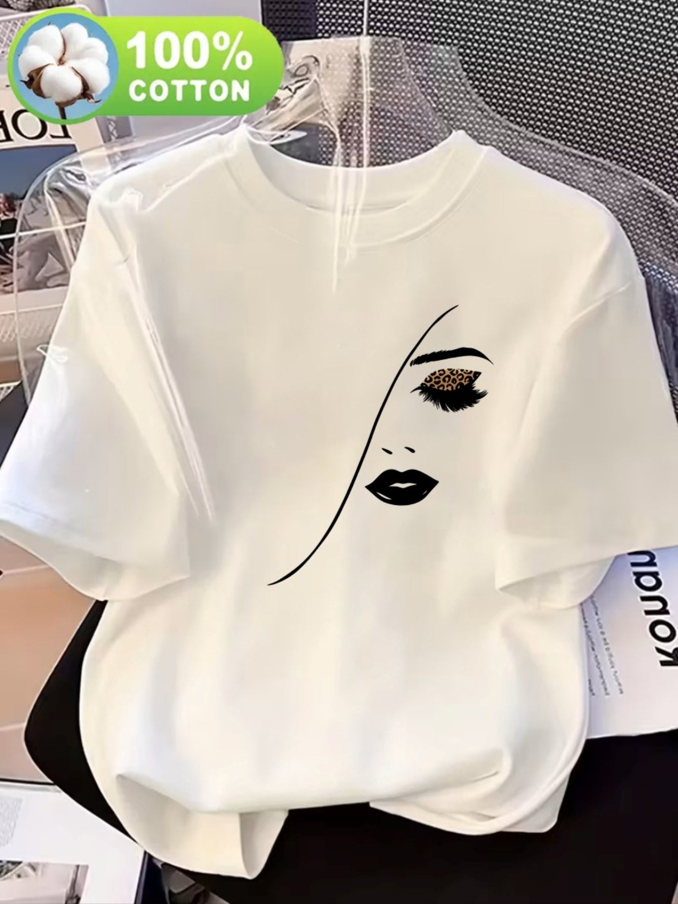 Women's Casual Cotton Crew Neck T-Shirt with Abstract Print