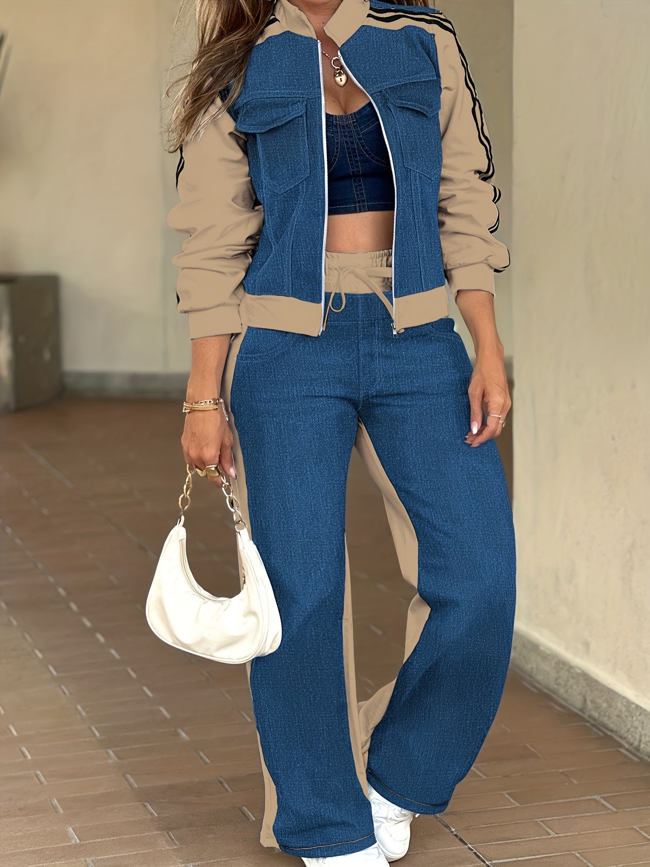 [Printed Pants - Not Faux Denim Fabric]Fashionable Casual Patchwork Zipper Slim Pocket Long-Sleeved Jacket & Patchwork Pocket Faux Jeans Loose Straight-Leg Pants - Fashionable Casual Set - ayq