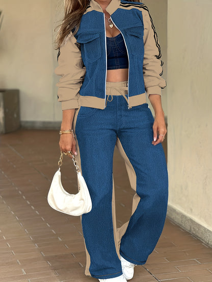 [Printed Pants - Not Faux Denim Fabric]Fashionable Casual Patchwork Zipper Slim Pocket Long-Sleeved Jacket & Patchwork Pocket Faux Jeans Loose Straight-Leg Pants - Fashionable Casual Set - ayq
