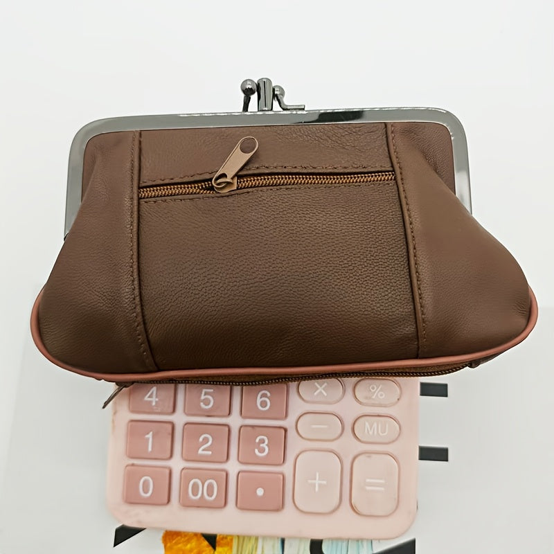 Vintage-Style Genuine Leather Clutch with Golden Metal Frame – Black Mini Wallet for Women, Compact Coin Purse & Key Holder, Elegant Textured Design