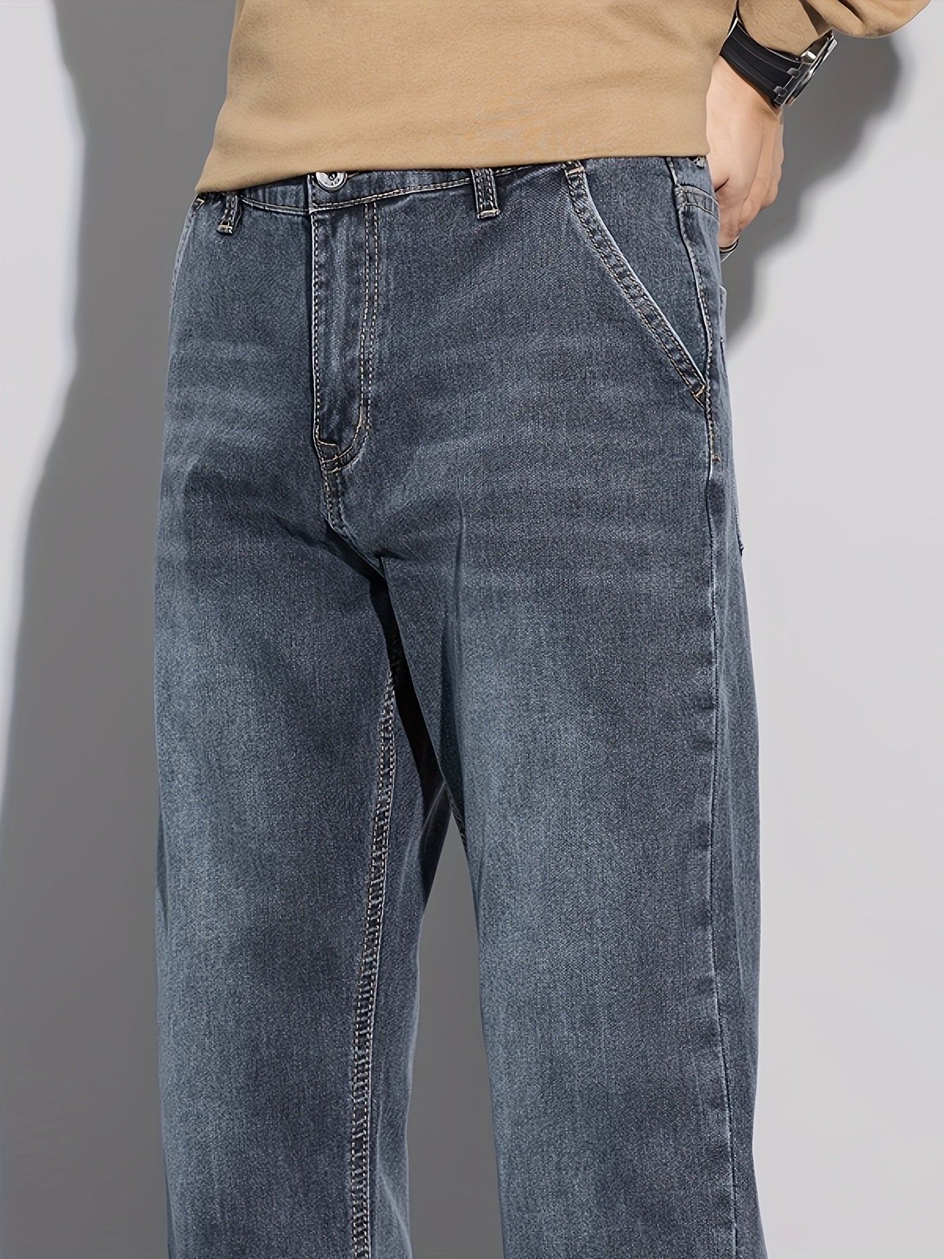 Denim Men's Jeans - Casual, Stretchable, Solid Pattern, Regular Length, Suitable for All Seasons, Water Washed, Regular Fit, Conventional Style, Made for Men