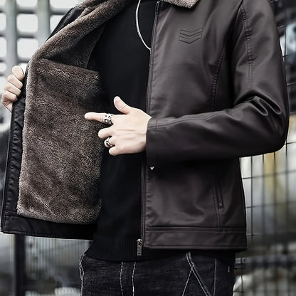 Men's Windproof Winter Jacket with Fleece & Collar, Zippered Pockets, Warm Coat for Skiing, Hiking, Motorcycle Riding - Hand Washable Cold Weather Outerwear (Black/Brown), Winter Clothes Men, Bomber Jackets For Winter, Mens W