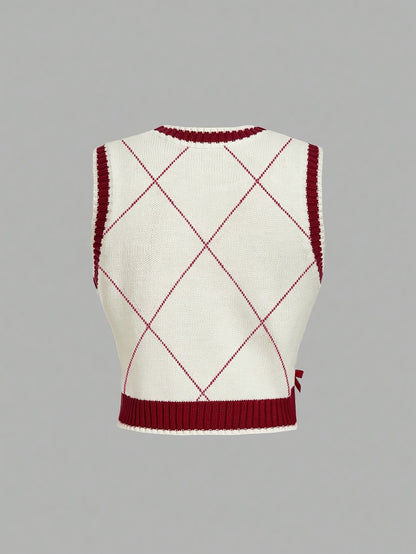 Women'S Casual Geometric Pattern Vest with Red Bow Detail - & Red Color Block Design, Round Neck, Long Sleeve, All-Season Layering Piece, Casual Wear, |geometric Pattern Vest|sleeve Vest, Sweater Vest
