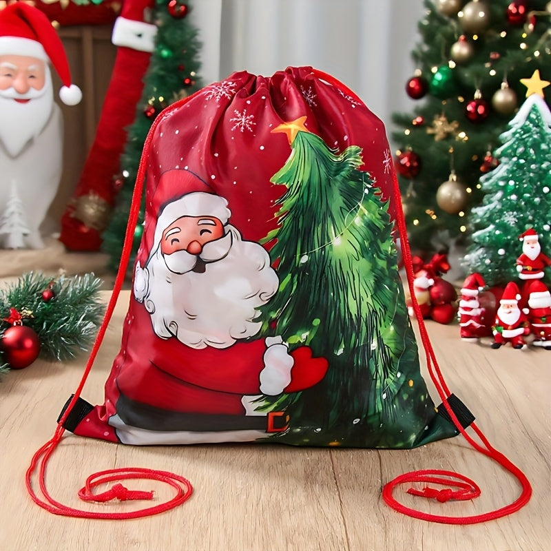 1pc Santa Claus Christmas Tree Drawstring Bag - Red & Green Holiday Gift Packaging with Santa, Snowflakes & Pine Trees, Durable Polyester Gym Bag for Christmas, New Year, Festive Design, Seasonal Decorations, Festive Occasion