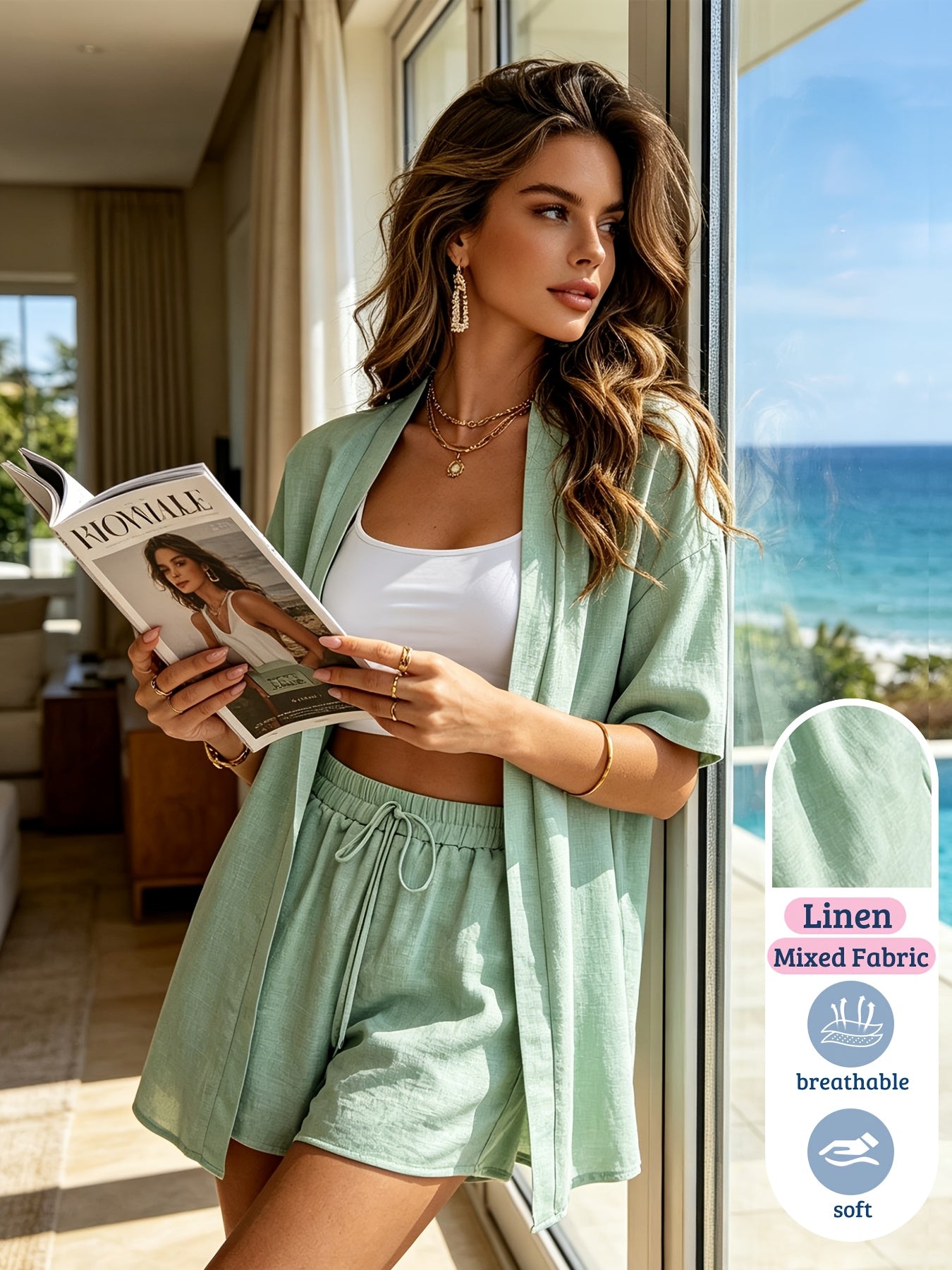 Women's Casual 2-Piece Cardigan & Shorts Set, Lightweight Viscose Line