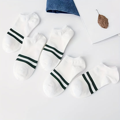 5pcs Men's Breathable Low-Cut Athletic Socks - Lightweight, Moisture-Wicking Striped Ankle Socks for Spring & Summer (White, Navy Blue, Black, Gray, Light Green)