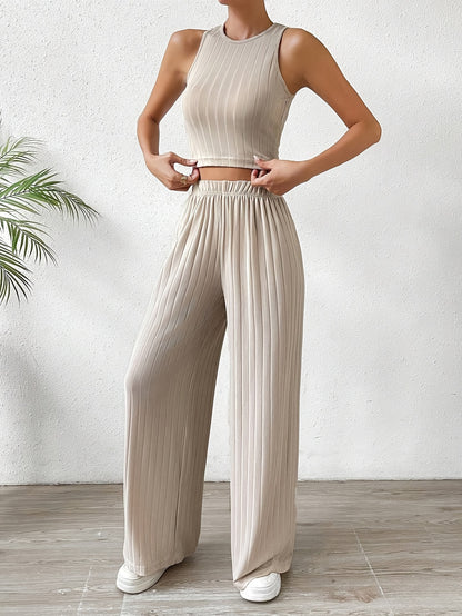 Solid Ribbed Elegant Pants Set, Crew Neck Sleeveless Slim Tank Top & Elastic Waist Wide Leg Pants Outfits, Women's Clothing