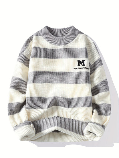 Տղամարդկանց 2025 թվականի աշուն/ձմեռ գծավոր երիտասարդական սվիտեր՝ գունային բլոկով, կլոր վզնոցով, ամենօրյա տաք տրիկոտաժով