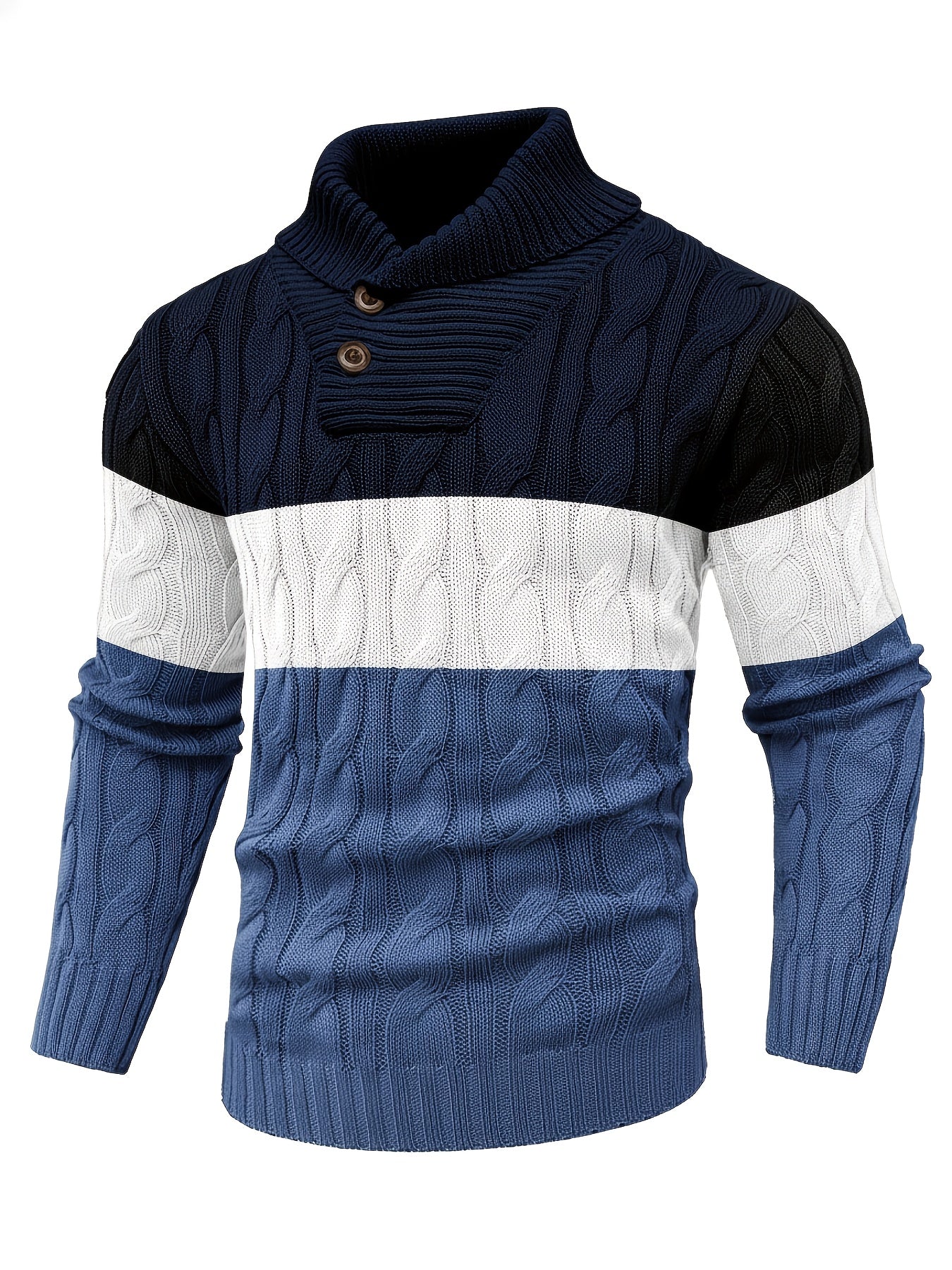 Men's Business Style Color-Block Sweater, Fashionable Trendy Spliced Large Lapel Pullover, Versatile Button-Design Sweatshirt