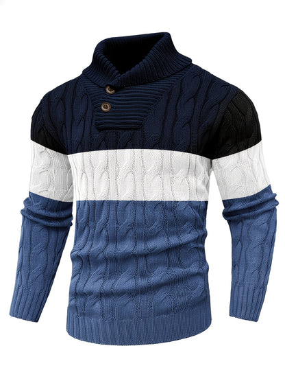 Men's Business Style Color-Block Sweater, Fashionable Trendy Spliced Large Lapel Pullover, Versatile Button-Design Sweatshirt