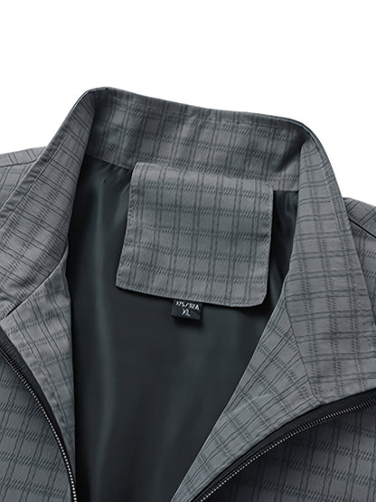 Men's Casual Outdoor Jacket - Spring/Fall Softshell Jacket with Checkered Pattern, Long Sleeves, and Zipper Closure