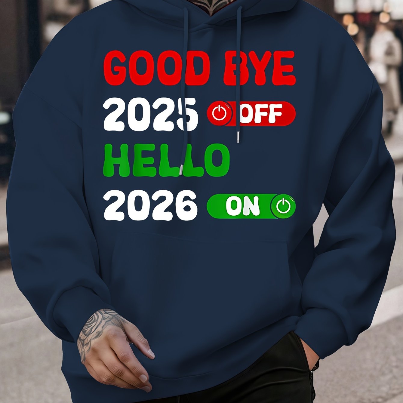 Men's 2025 New Year Print Hooded Sweatshirt - Kanji-Inspired "Goodbye 2025 2026" Pullover, Winter Warm Casual Sweater with Green/Red Toggle Switch Design, Machine Washable Red Hoodie for Christmas & NYE Parties