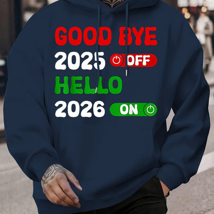 Men's 2025 New Year Print Hooded Sweatshirt - Kanji-Inspired "Goodbye 2025 2026" Pullover, Winter Warm Casual Sweater with Green/Red Toggle Switch Design, Machine Washable Red Hoodie for Christmas & NYE Parties