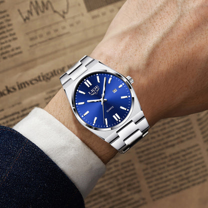 LIGE Stainless Steel Sports Watch for Men and Women - Dual Display Digital & Quartz Movement, Blue Dial, Rotating Bezel, Date Display, Metal Bracelet, Gift Box Included, Watch Accessories, LIGE