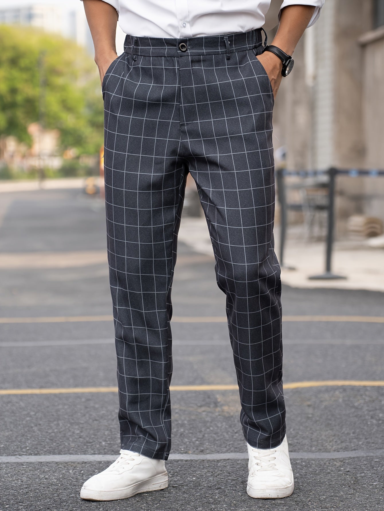 Men's Suit Pants With Plaid Design, Regular Fit And Cuffed Casual Bottoms For Business And Formal Occasions, Suitable For All Seasons