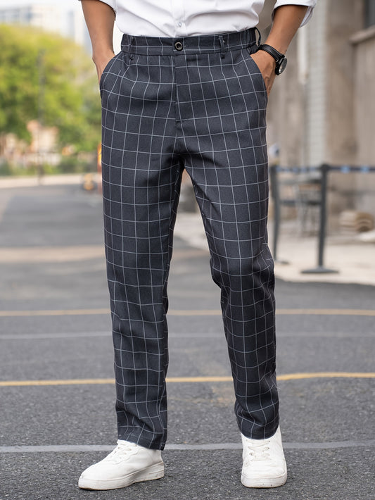 Men's Suit Pants With Plaid Design, Regular Fit And Cuffed Casual Bottoms For Business And Formal Occasions, Suitable For All Seasons