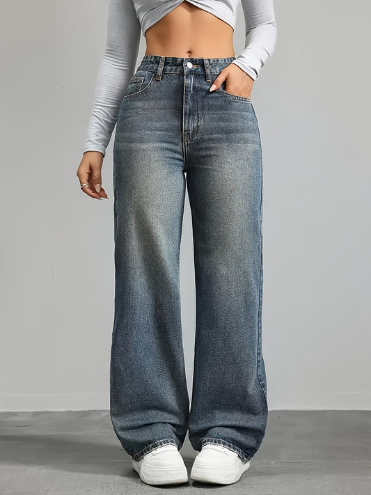 Women's High-Waist Retro Loose Straight-Leg Denim Jeans - ayq