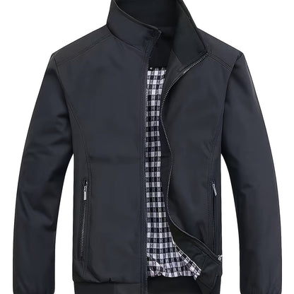 Men's Long Sleeve Zip Up Stand Collar Coat, Business Stand Collar Jacket With Zipper Pockets, Spring Autumn Men's Clothing