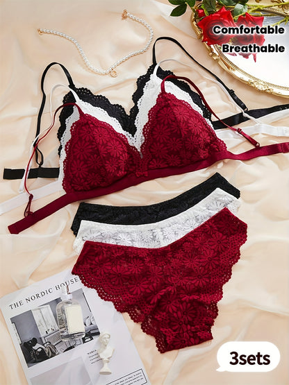 Women's Breathable Lace Bra Set with Scallop Trim - 3 Pack